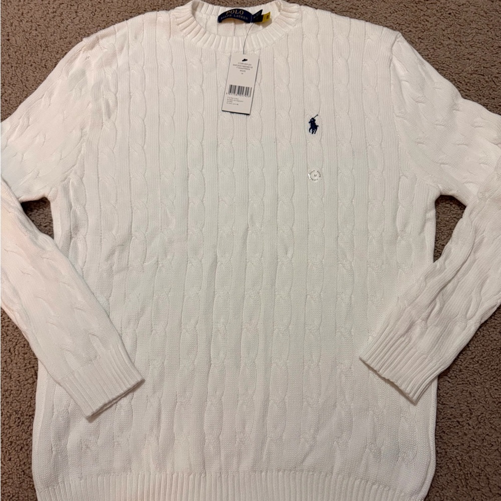 Ralph Lauren Men's White Cable Knit Crewneck Sweater